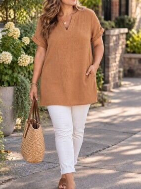 Wishlist Apparel Camel Gauze V-Notch Tunic Top Short Sleeve Boho Relaxed Casual